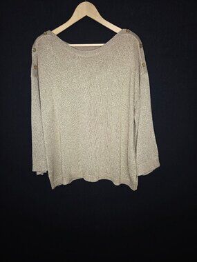 💙 Calvin Klein Metallic Gold Shimmer Knit Sweater XL Button Shoulder Boat Neck
